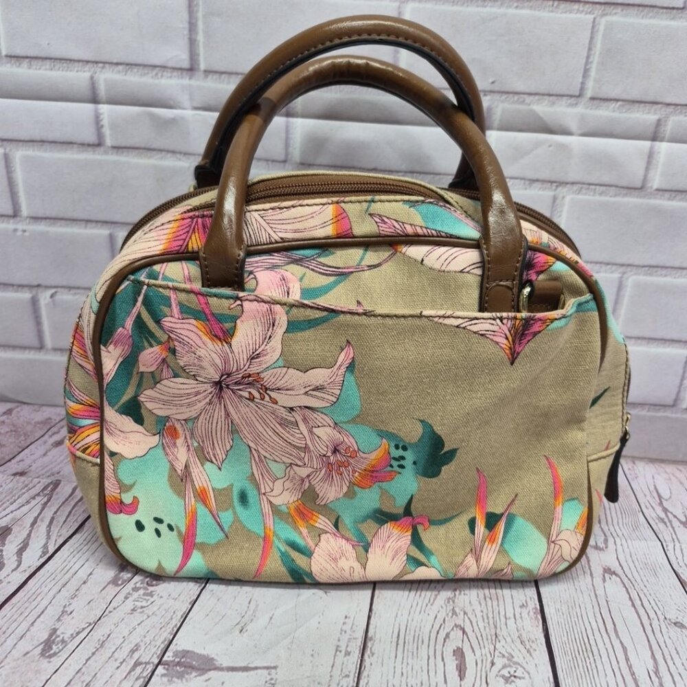 Jaclyn Smith Lily Canvas Handbag Purse Colorful Floral And Brown Pockets - Picture 3 of 10